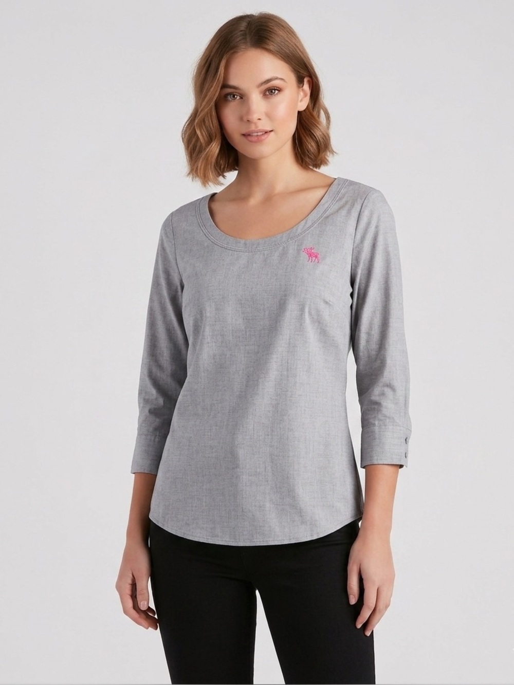 Abercrombie & Fitch Preppy Grey Casual Wide Neck 3/4 Sleeve Blouse Top Large - Picture 1 of 8